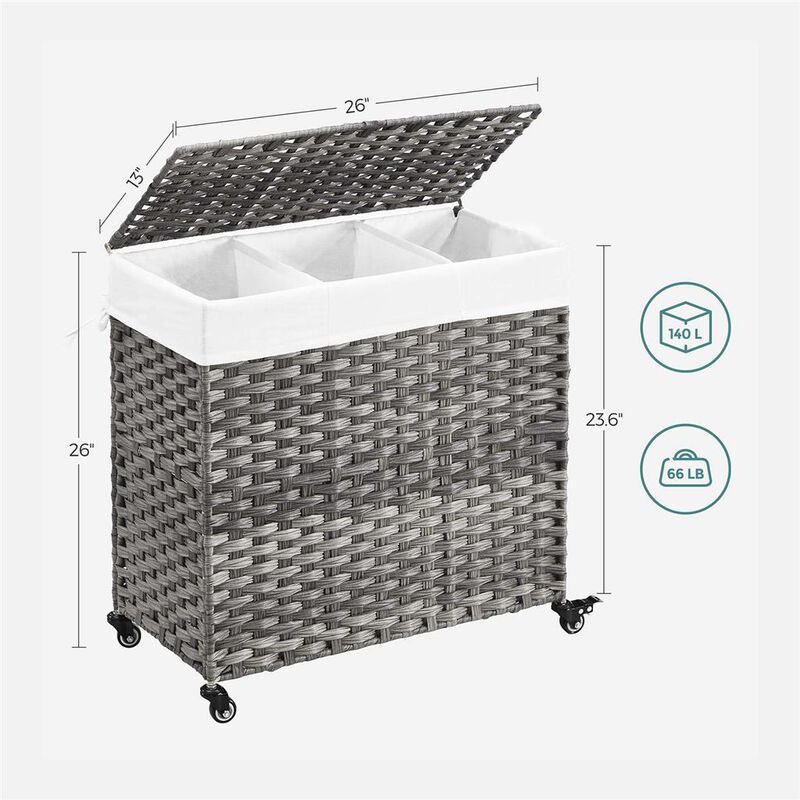 Gray Rattan-Style Laundry Basket, 140L with 3 Compartments, Lid, and Removable Liner