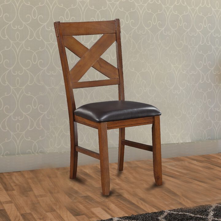 Dining Chair, Vegan Faux Leather, X Backrest, Set of 2, Brown-Benzara