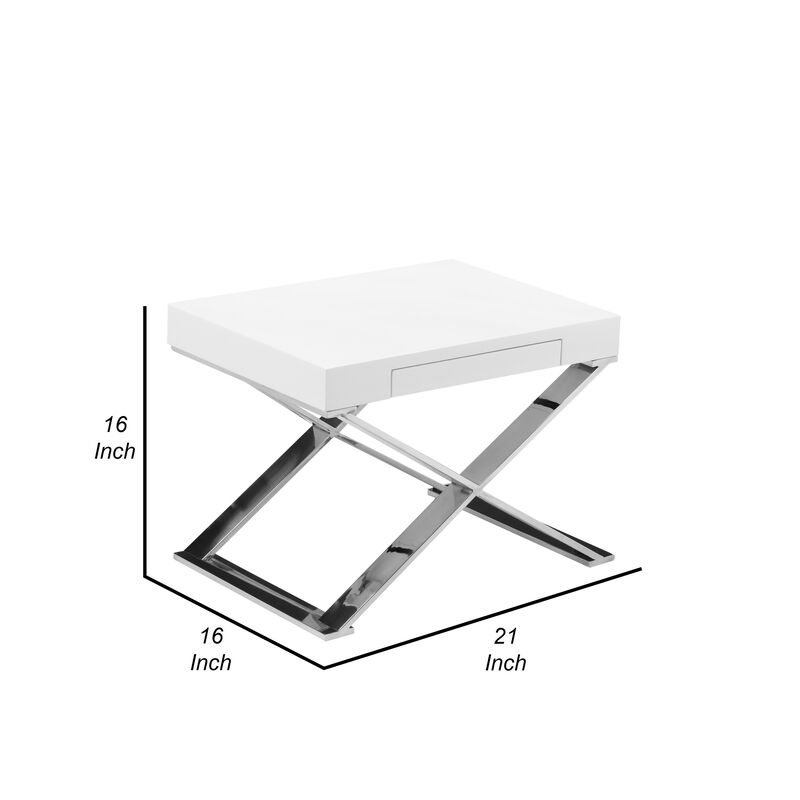 Rix 21 Inch Side End Table, 1 Drawer, X Shape Steel Legs, White Wood Top - Benzara