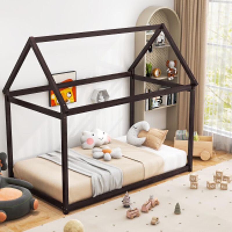 Hivvago Twin Size Kids House Bed Wood Frame with Roof