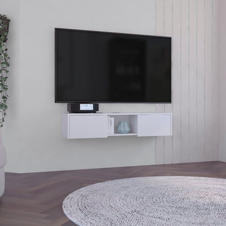 Glen Wall-Mounted TV Stand with Side Doors and Central Media Shelf-White