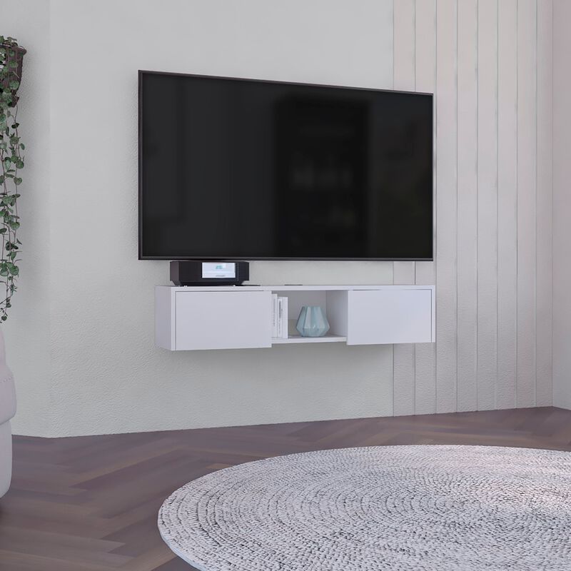 Glen Wall-Mounted TV Stand with Side Doors and Central Media Shelf-White