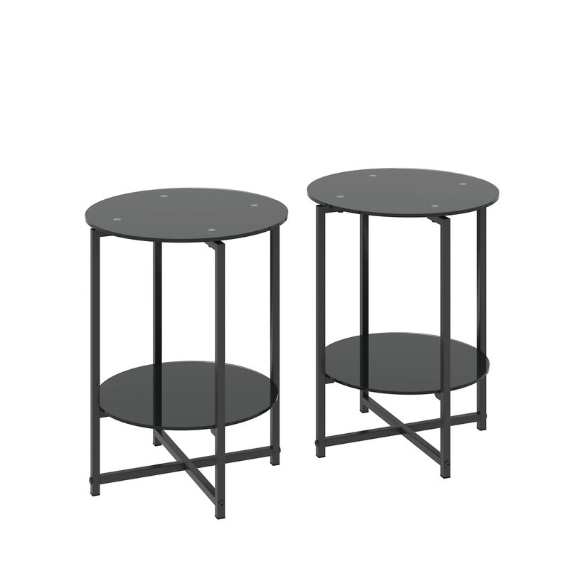 2-Piece Set (Black) Tempered Glass End Table, Round Coffee Table For Bedroom Living Room Office