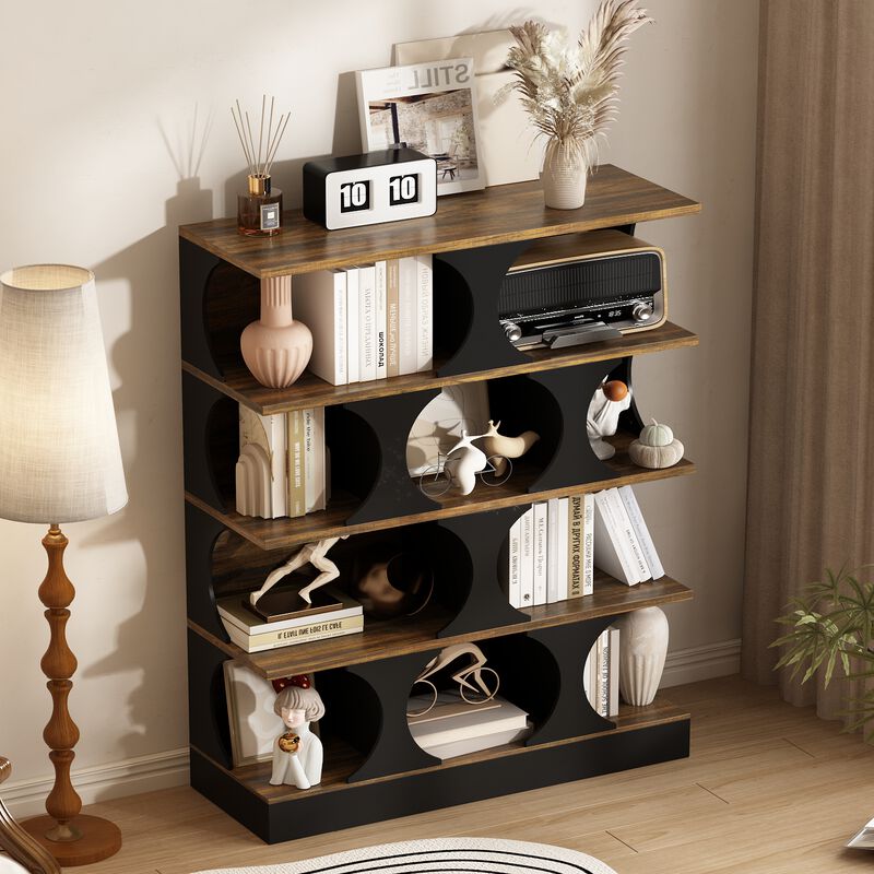 FUFU&GAGA 4-Tier Curved Bookcase - Vintage Walnut Texture, Black Matte Finish, Space-Saving Arched Shelf for Living Room, Office & Bedroom, (43.3" W x 15.7" D x 60" H), Vintage Walnut