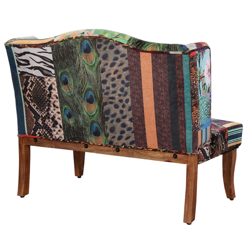 46 Inch Settee Loveseat Bench, Handcrafted Wingback Design, Bird Collage Print Velvet Fabric, Multicolor - Benzara