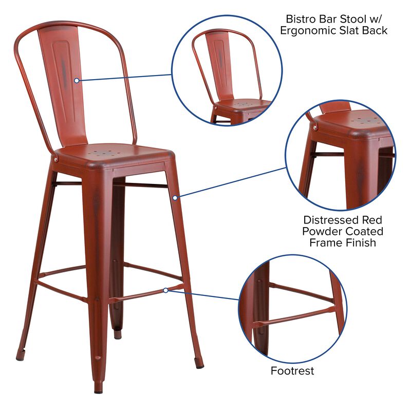 Flash Furniture Commercial Grade 30" High Distressed Kelly Red Metal Indoor-Outdoor Barstool with Back