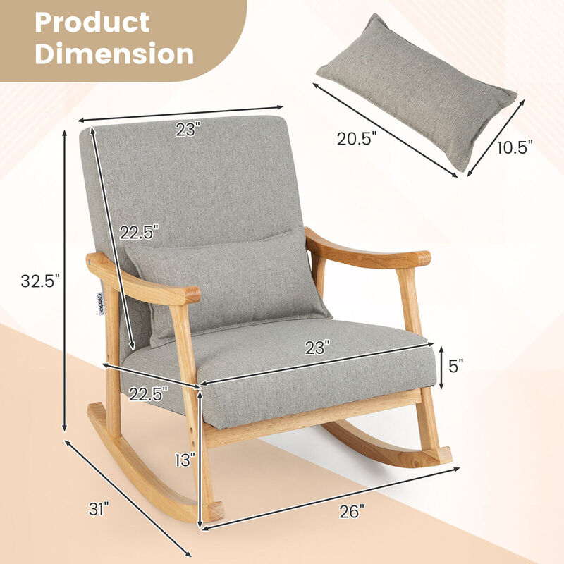 Upholstered Rocking Chair with Pillow and Rubber Wood Frame-Grey
