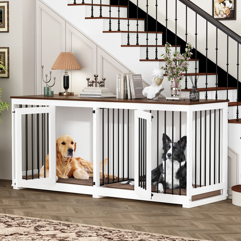 Large Dog House Crate Furniture, 71 in. Wooden Large Dog Kennel with Removable Divider for Large Medium Dogs, White