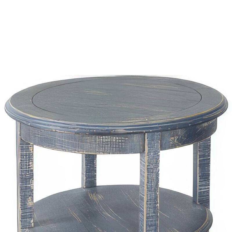 Rena Side End Table, Scallop Trim, 28 Inch Distressed Blue Mahogany - Benzara