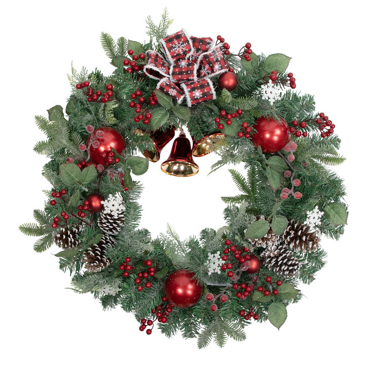 Red Bells and Mixed Foliage Artificial Christmas Wreath  30-Inch  Unlit