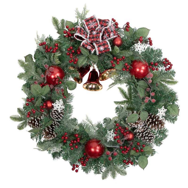 Red Bells and Mixed Foliage Artificial Christmas Wreath  30-Inch  Unlit