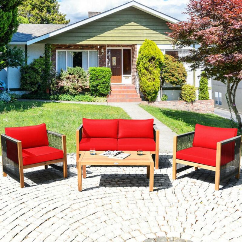 Hivvago 4 Pieces Acacia Wood Sofa Set with Cushions for Outdoor Patio
