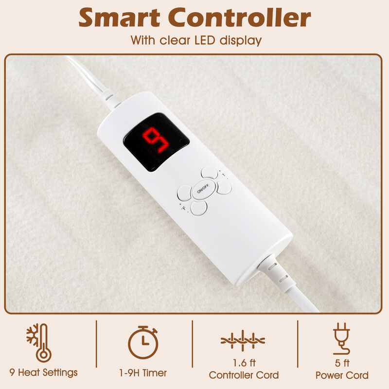 Machine Washable Electric Bed Warmer with Dual Controller 9 Heat Setting and 9-Hour Auto Off and Overheat Protection