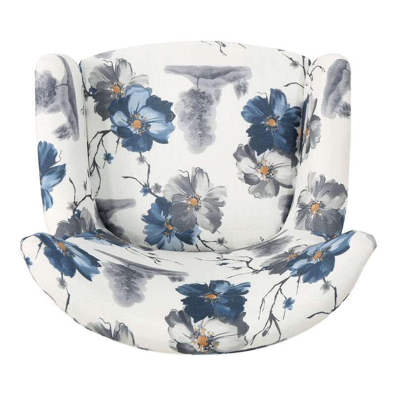 Riyank Wingback Armchair, White Blue Gray Floral Design, Black Wood Legs - Benzara