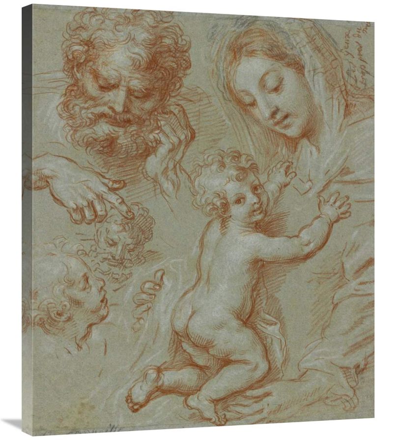Studies of the Madonna and Child and of Heads (recto); Madonna and Child with Saint John Seated in a Landscape (verso)-Canvas Art-29.88x36