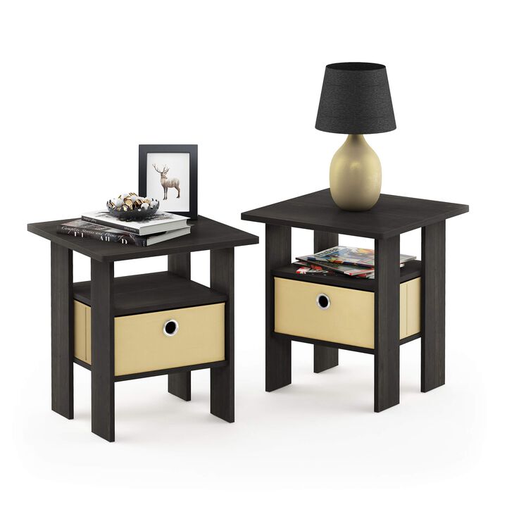 FurinnoFurinno Andrey Set of 2 End / Side Table / Night Stand / Bedside Table with Bin Drawer, Espresso