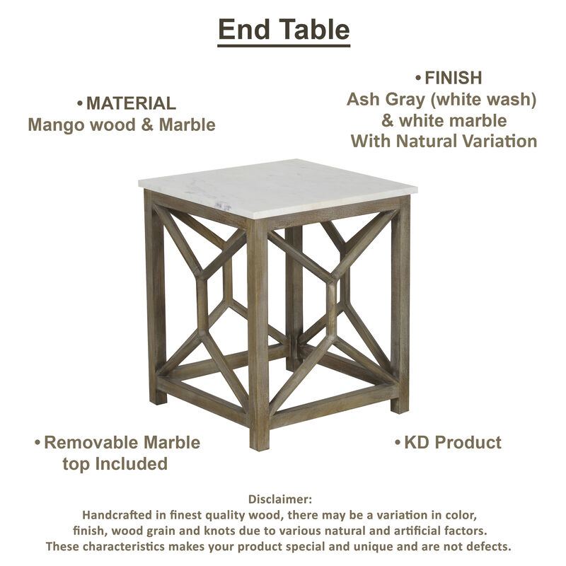 Agas Side End Table, 22 Inch Square White Genuine Marble Top, Sandblasted Washed Ash Gray Mango Wood Geometric Frame