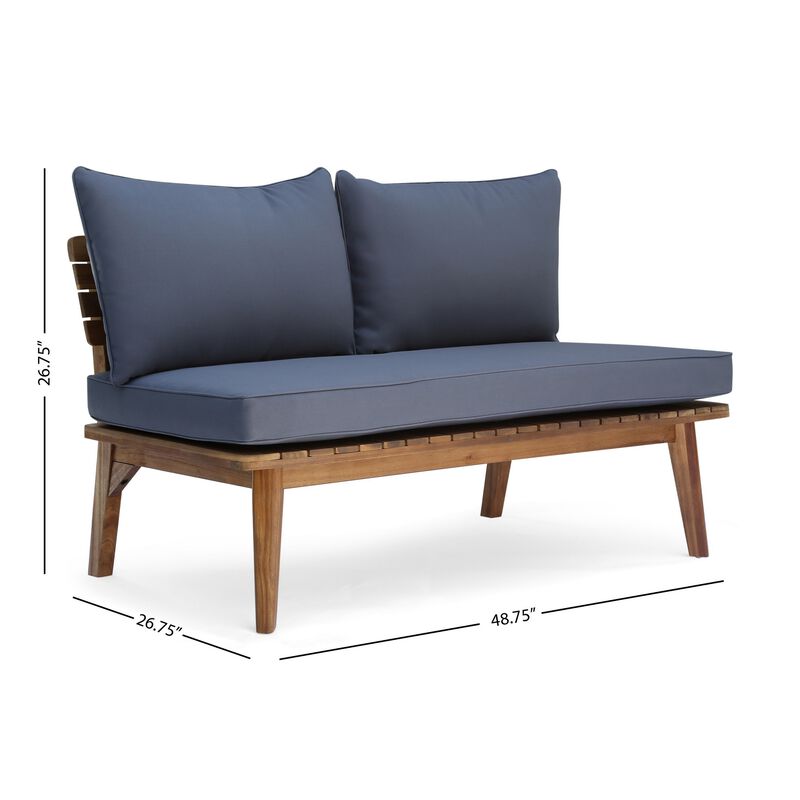 Almo Outdoor Loveseat Bench, Gray Fabric, 49 Inch Brown Acacia Wood - Benzara
