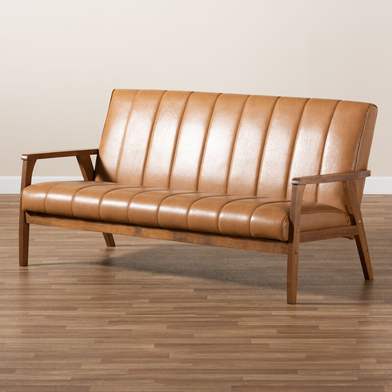 Baxton Studio Nikko Mid Century Tan Faux Leather Upholstered Wood Sofa