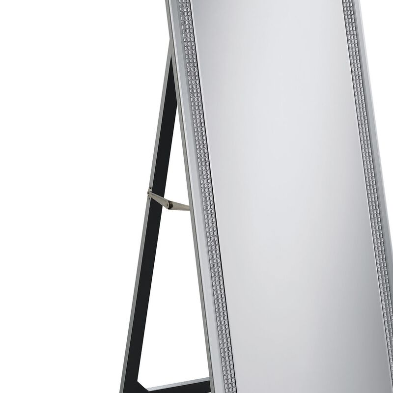 Cheval Mirror with Rhinestone Inlay and Easel Back, Silver-Benzara