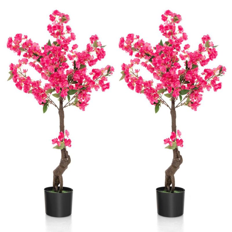 Hivvago 2 Pack 41 Inch Artificial Plum Blossom Tree Fake Floral Plant with 92 Flowers-Red