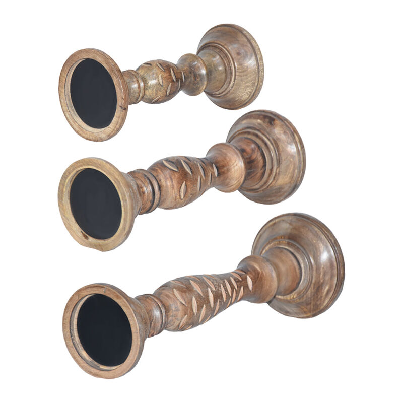 Traditional Medium Burnt Eco-friendly Handmade Mango Wood Set Of Three 9",12" & 15" Pillar Candle Holder