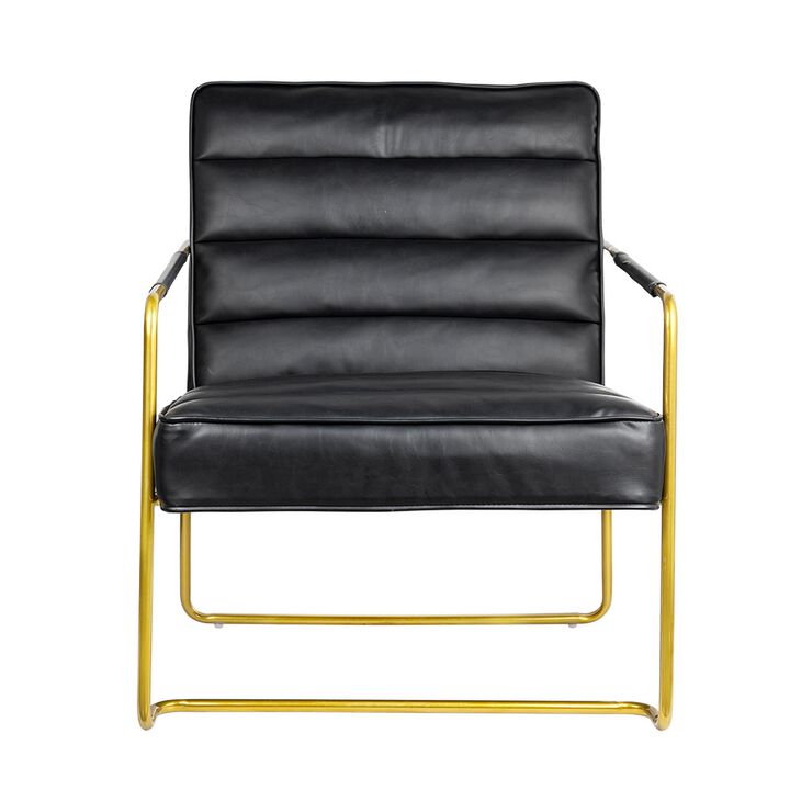 30 Inch Accent Chair, Gold Iron Frame, Channel Tufted Black Faux Leather - Benzara