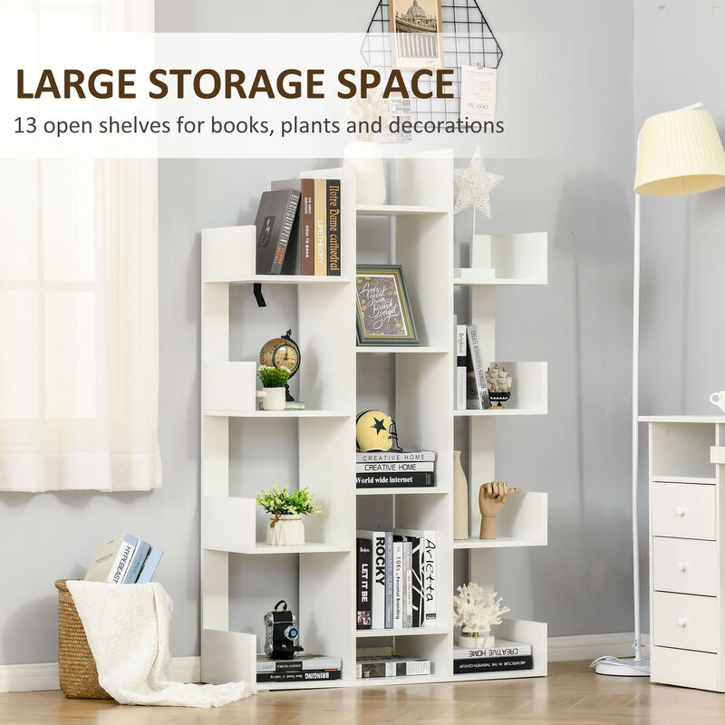 HOMCOM Tree Bookshelf, Modern Freestanding Bookcase with 13 Open Shelves, Display Unit for Living Room, Study or Office, White