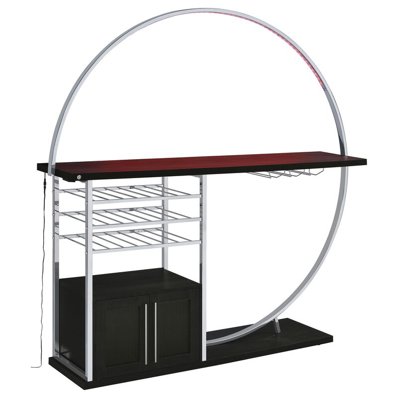 Riya Home Bar Table, LED Light, Cabinets, Wine Storage, Black, Chrome Metal - Benzara