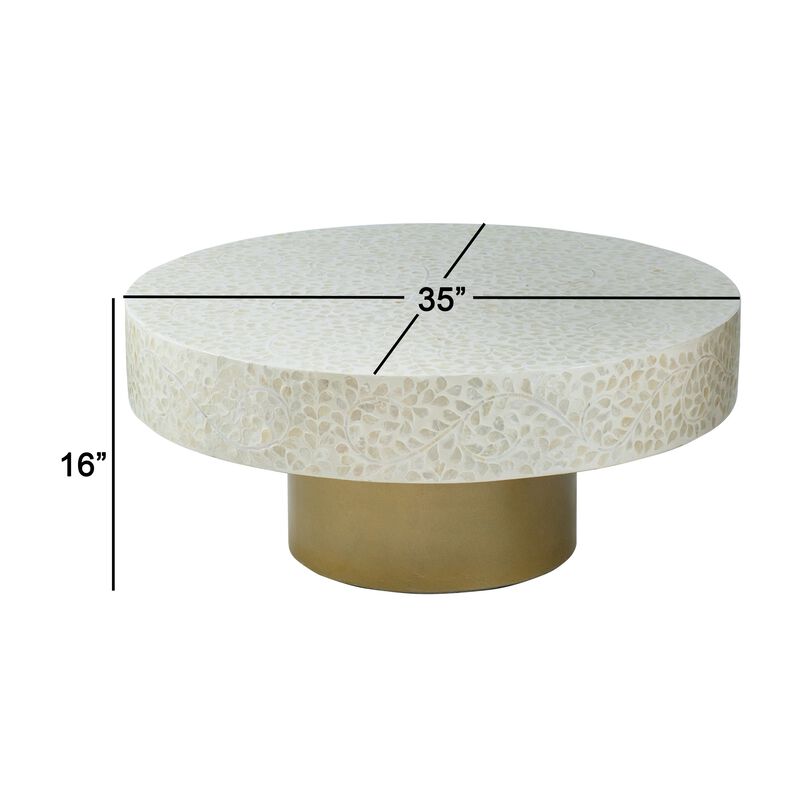 Piki 35 Inch Coffee Table, Mughal Capiz Inlaid Pattern, Cream, Gold  - Benzara