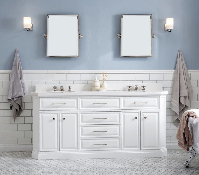 Palace 72 In. Double Sink Carrara Quartz Countertop Bath Vanity in Pure White with Polished Nickel (PVD) Hardware