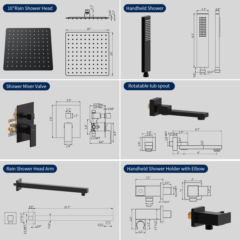 Rain Shower Faucet Set with Folding Bathtub Spout, 3-Function System