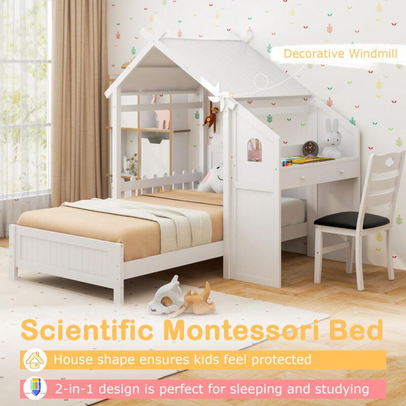 Hivvago Twin House Bed with with 2 Drawers and Windmill