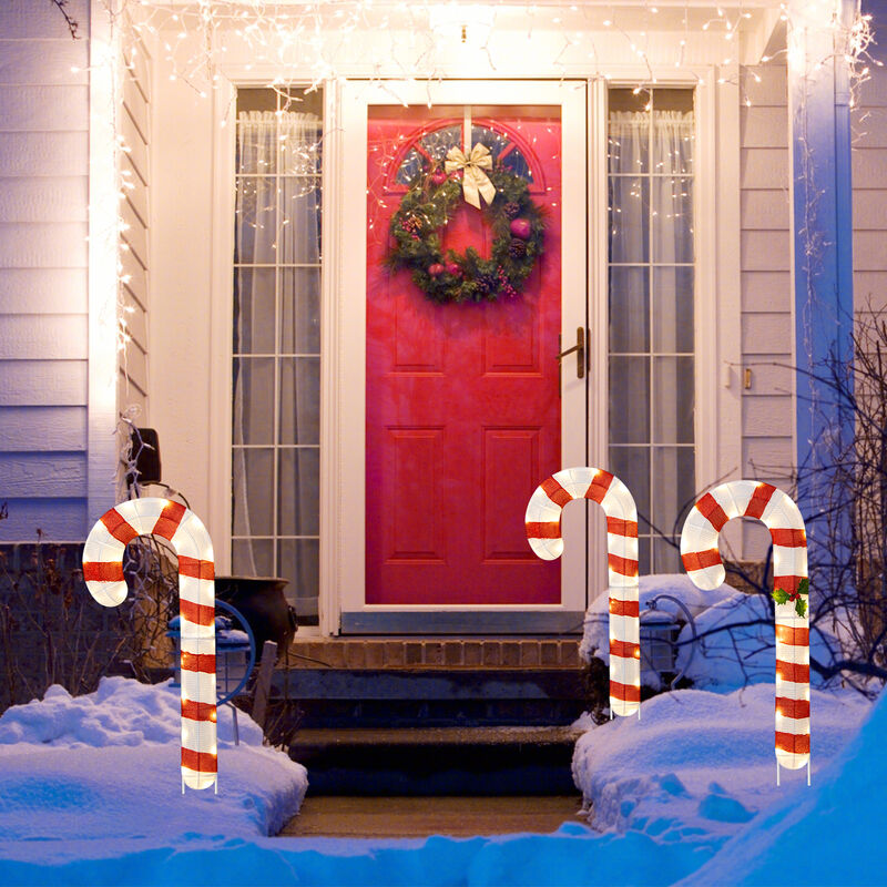 Set of 3 Pre-Lit Candy Canes with 75 LED Lights & Ground Stakes