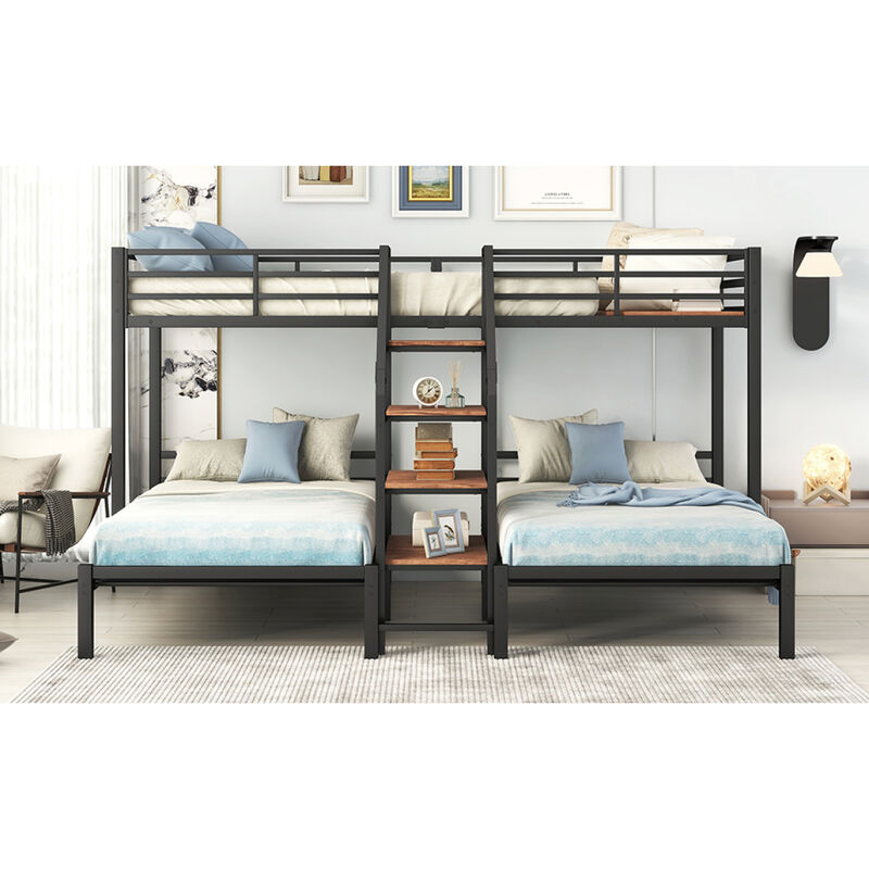 Metal Twin Over Twin & Twin Bunk Bed, Triple Bunk Bed With Storage Shelves Staircase