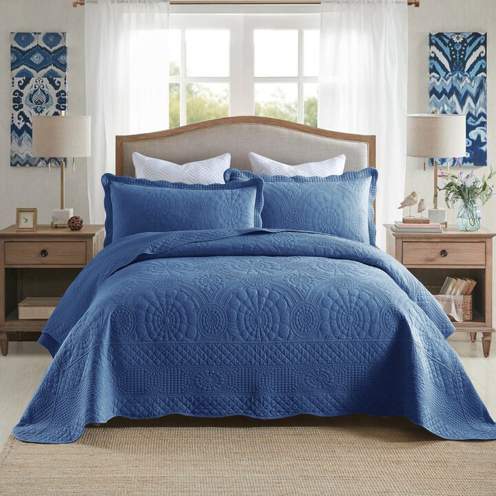 MarCielo 3 PCS 100% Cotton Oversized Bedspread Quilt Set Embroidery TF