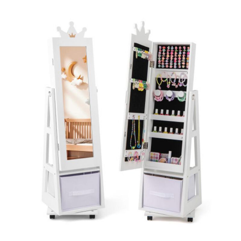 Kids Jewelry Armoire Cabinet with Swivel Base and Lockable Universal Wheels