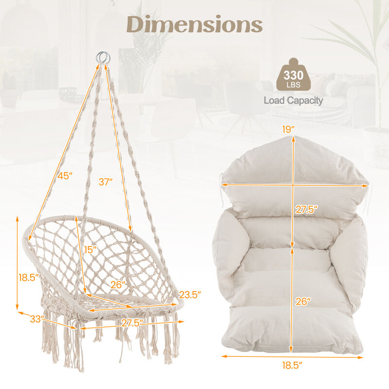 Hammock Chair with Thick Cushion and Macrame Holds up to 330 LBS