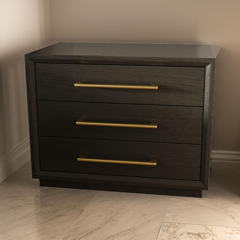 Cid Mizo 32 Inch Nightstand, 3 Drawers, Gray Solid Wood, Sturdy Plinth Base-Benzara