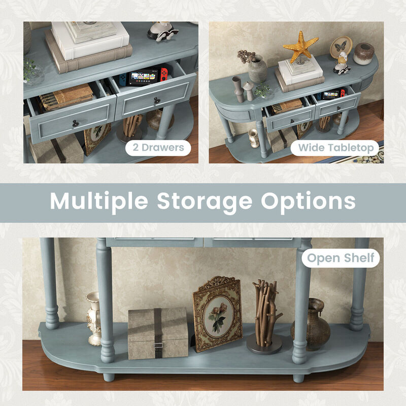 52 Inch Retro Console Table with 2 Drawers and Open Shelf Entryway Sofa Table-Blue