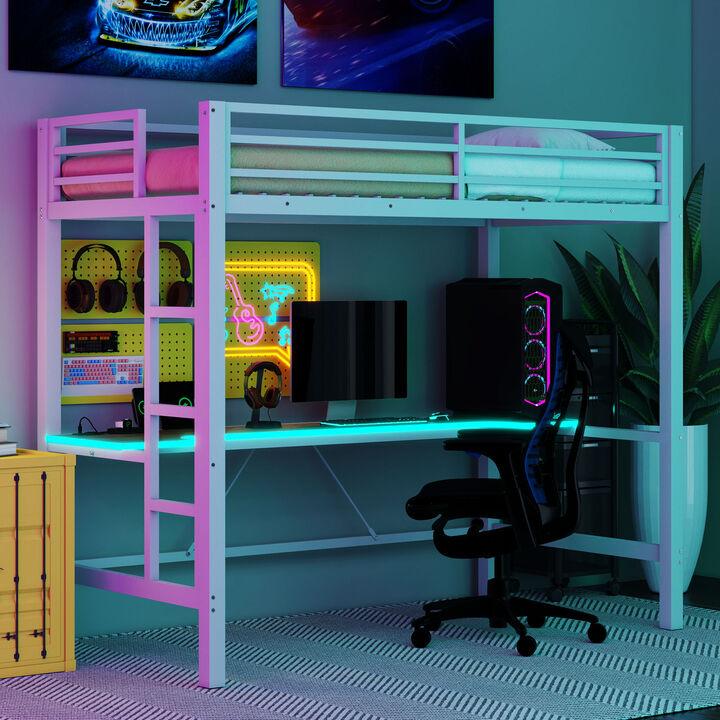 Merax Gaming Metal Loft Bed Frame with LED Light and Desk