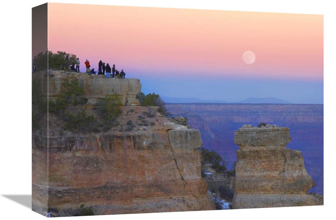 Tourists enjoying sunset and rising full moon at Yaki Point, Grand Canyon National Park, Arizona-Canvas Art-16x12