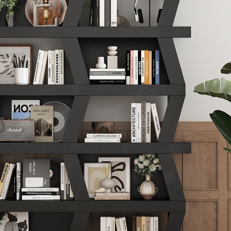 FUFU&GAGA Modern 5-Tier Zigzag Bookcase with Open Shelves (63.8” H x 51.2” W x 12.2” D),Black