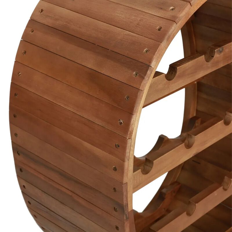 Oval Wine Rack, 13 Bottles, 35 Inch Tall Brown Solid Acacia Wood Frame - Benzara