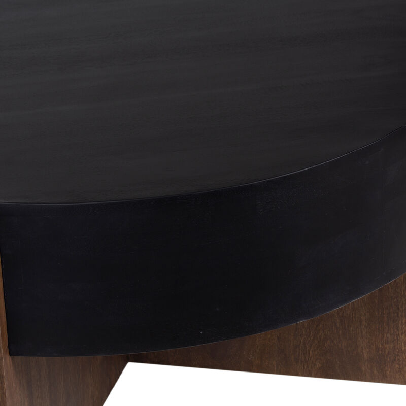 Naufe Coffee Table, 41 Inch Round Matte Black Top, Brown Cross Panel Legs, Mango Wood Frame