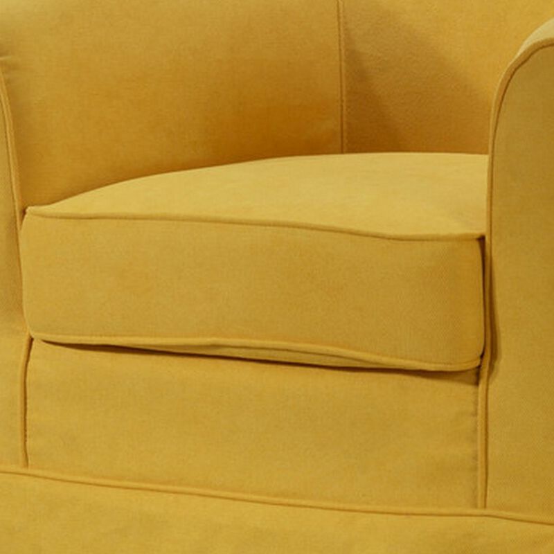 Lex 28 Inch Swivel Accent Chair, Yellow Fabric, Curved Track Back, Skirted-Benzara