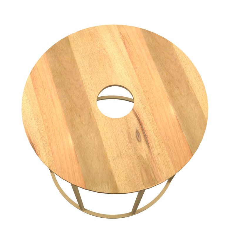 19 Inch Side End Table, O Round Shape Natural Mango Wood Top, Brass Powder Coated Open Frame
