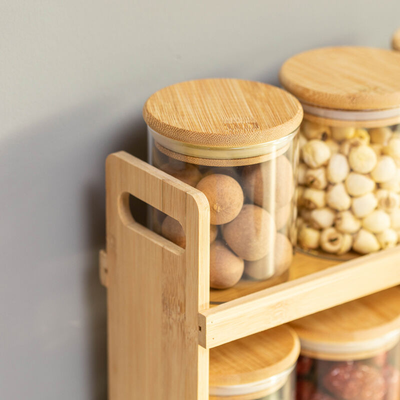 Basicwise Versatile 2-Tier Bamboo Spice Rack and Pantry Organizer with 8 Glass Jars – Perfect for Countertop Storage in Kitchens to Keep  Seasoning Containers Neatly Displayed and Easily Accessible