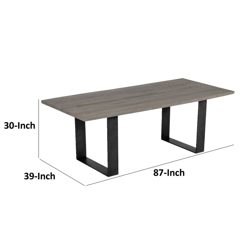 87 Inch Dining Table, Rectangular Top, Open Metal Panel, Gray Oak, Black - Benzara