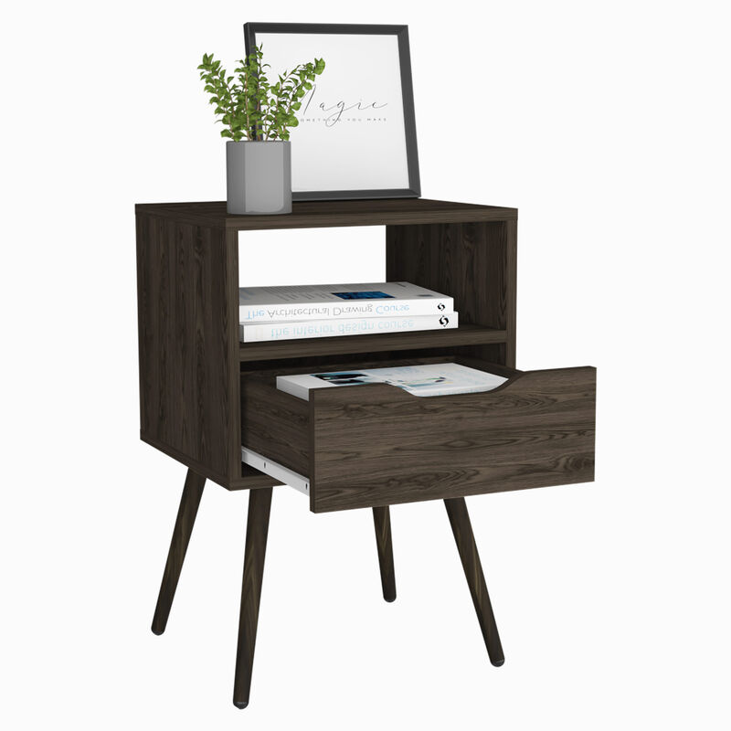 DEPOT E-SHOP Emma Nightstand, Superior Top, Four Legs, One Open Shelf, One Drawer, Dark Walnut